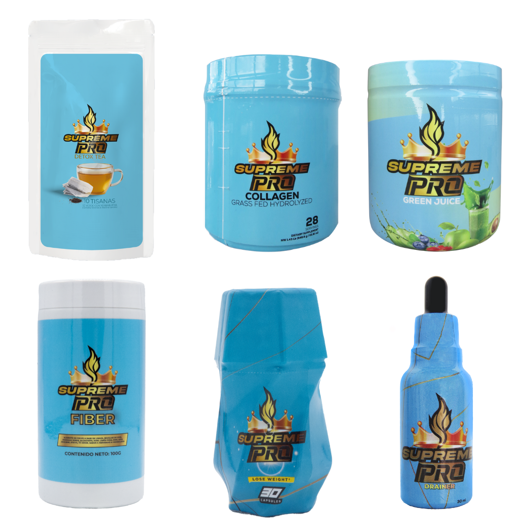 LÍNEA SUPREME PRO QUEMADOR + DRAINER + FIBRA + JUGO VERDE + COLÁGENO + DETOX TEA